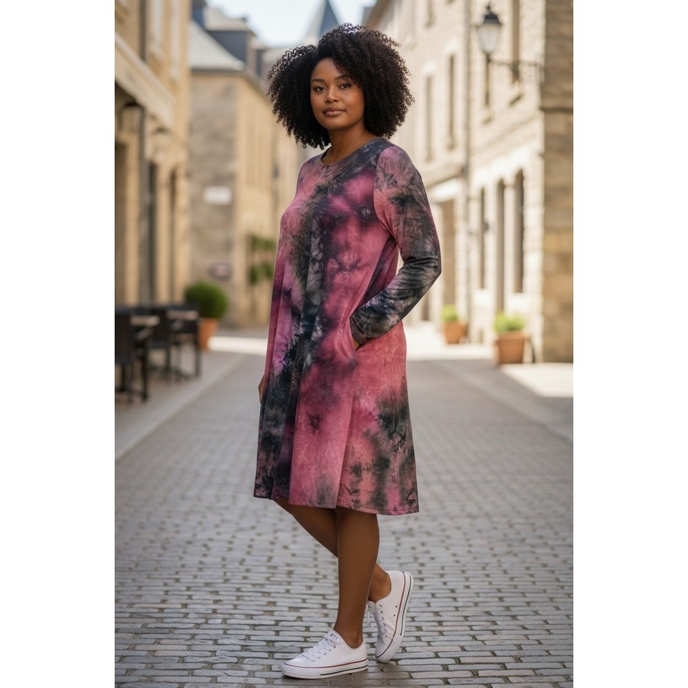 P&P Rose Tie Dye Long Sleeve Swing Dress Womens Medium Pink Black Pocket Casual